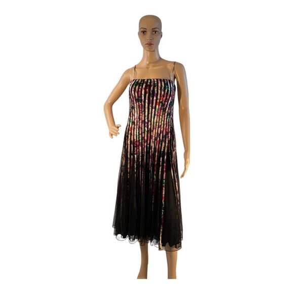 JS Collections WomenBlack Ribbon Trim Mesh Striped Spaghetti Sleeve Dress Size 8 - Picture 1 of 16